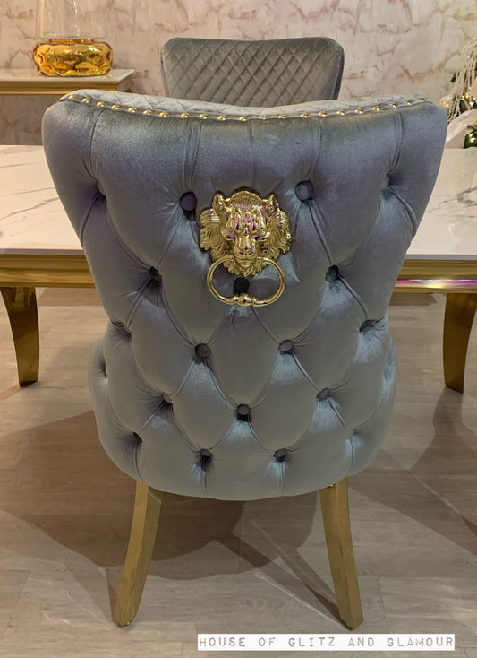 Giselle Grey Gold Lion Knocker Dining Chair