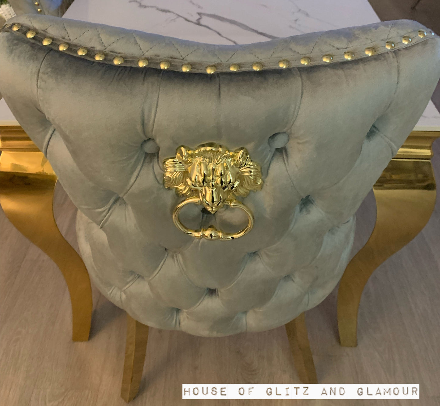 Giselle Grey Gold Lion Knocker Dining Chair