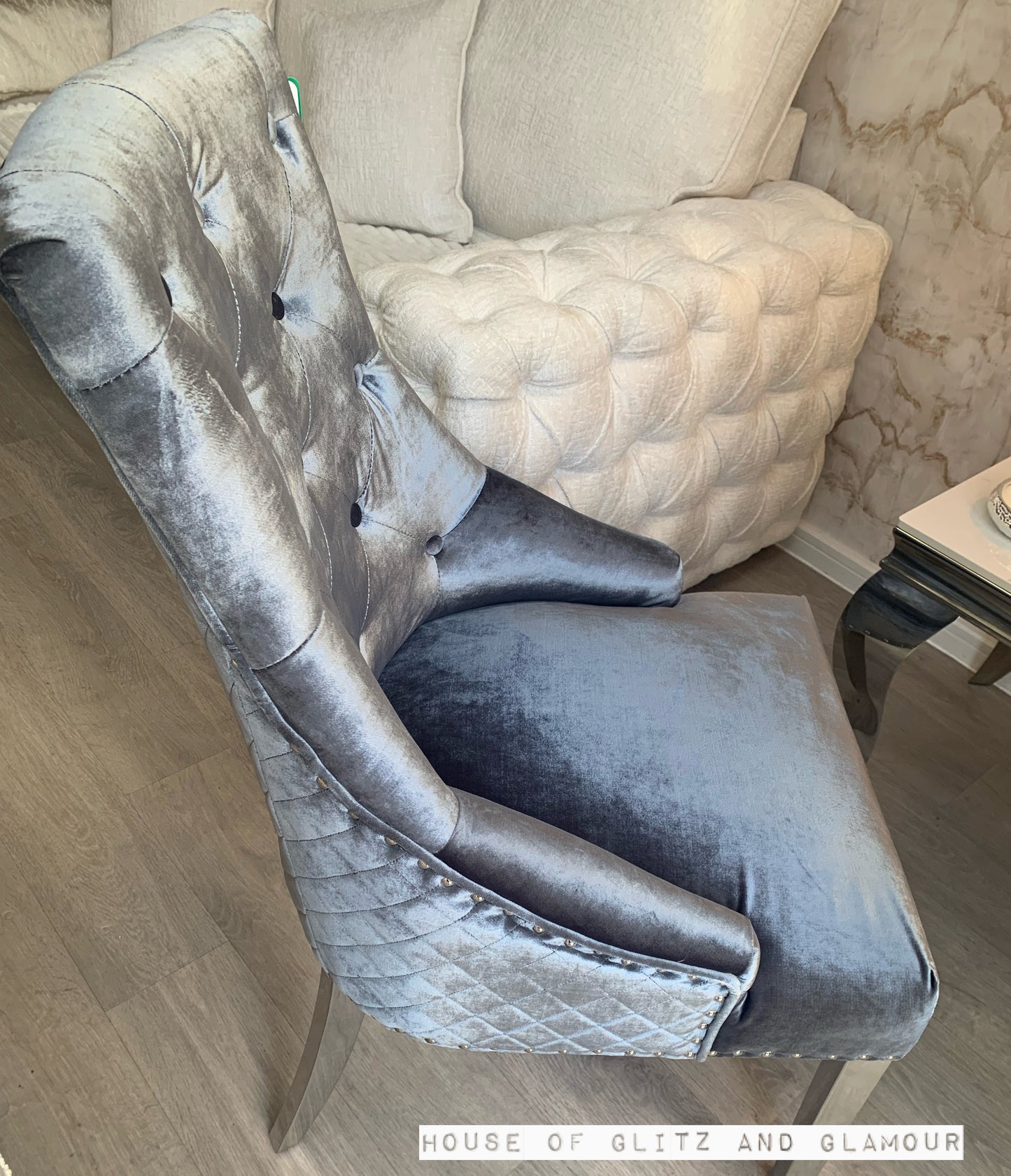 Chelsea Silver Shimmer Velvet Lion Knocker Dining Chair