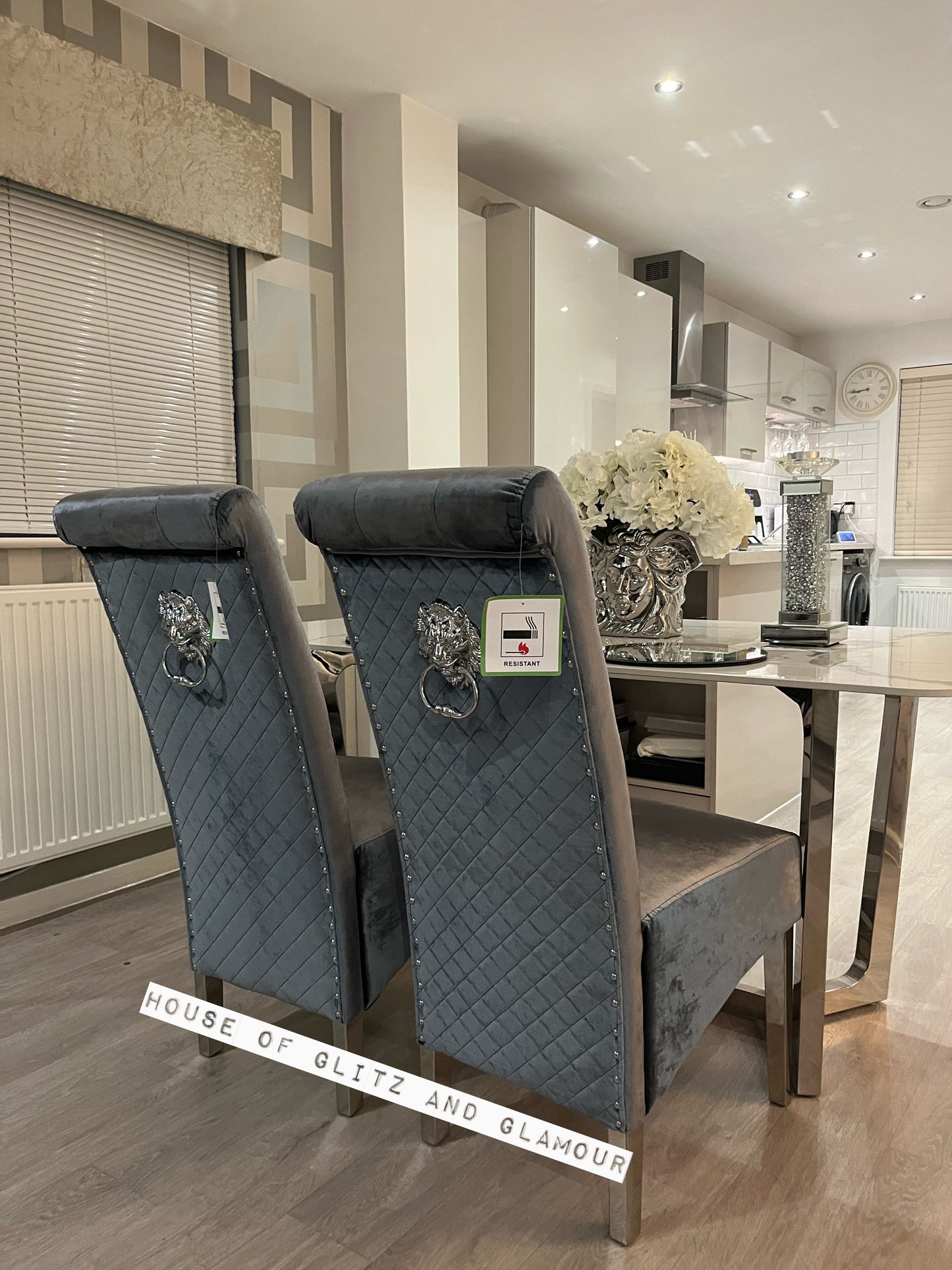 Lou Lou High Back Silver Shimmer Velvet Lion Knocker Back Dining Chair