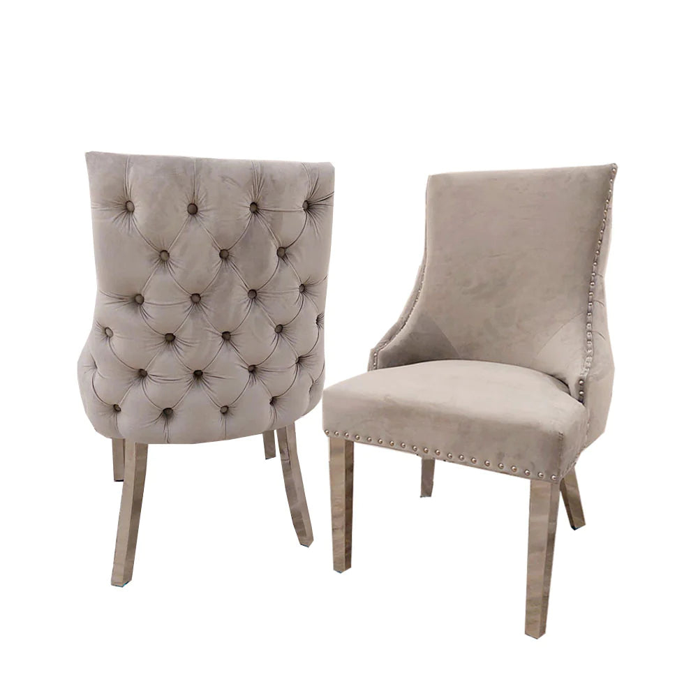 Louis 1.5 Light Grey Marble Dining Table Set & Bentley Light Grey Velvet Studded Back Chrome Leg Dining Chair