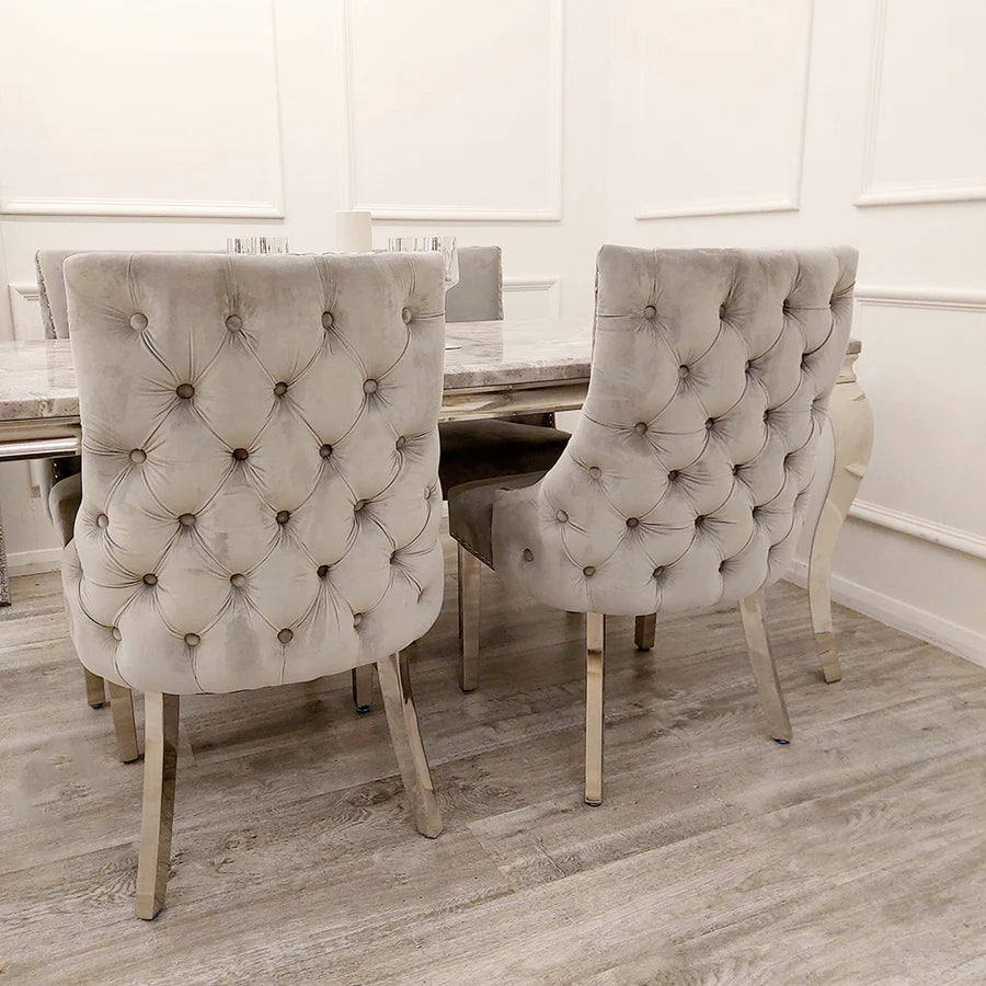 Bentley Light Grey Velvet Studded Back Chrome Leg Dining Chair
