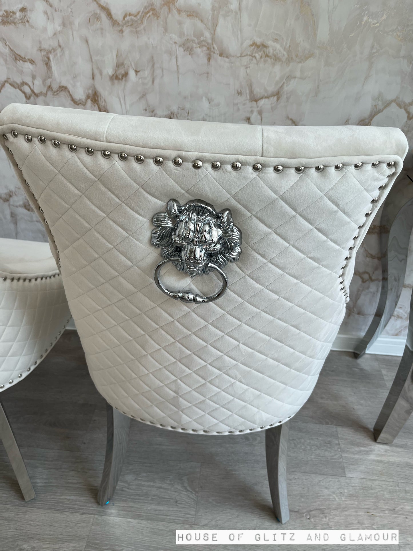 Chelsea Cream With Chrome Legs Quilted French Velvet Lion Head Knocker Back Dining Chair