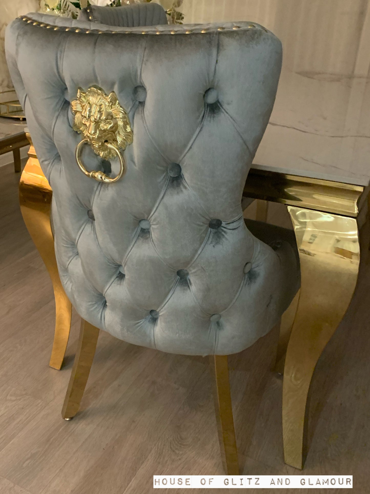 Giselle Grey Gold Lion Knocker Dining Chair