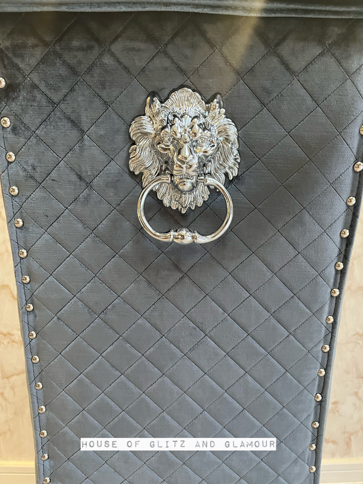 Lou Lou High Back Silver Shimmer Velvet Lion Knocker Back Dining Chair