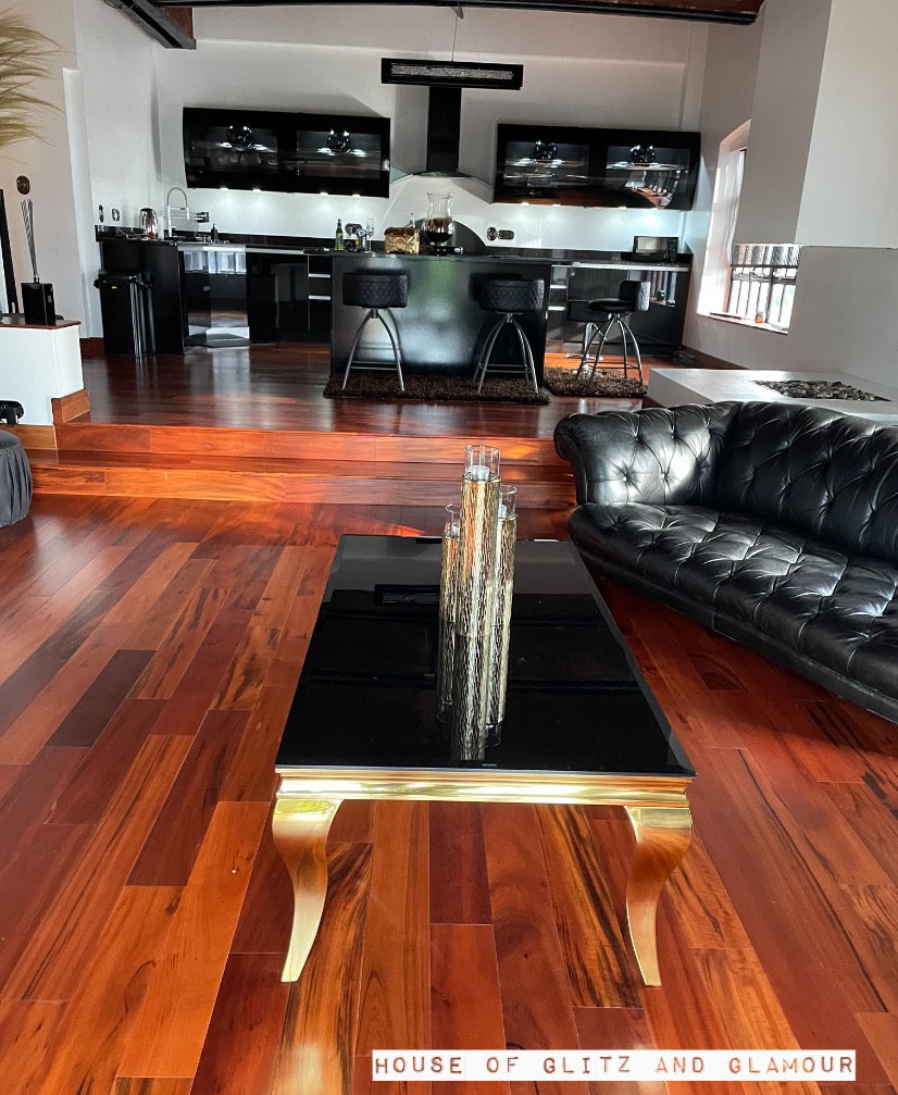 Louis Coffee Table Gold Legs with Black Glass Top (130cm x 70cm)