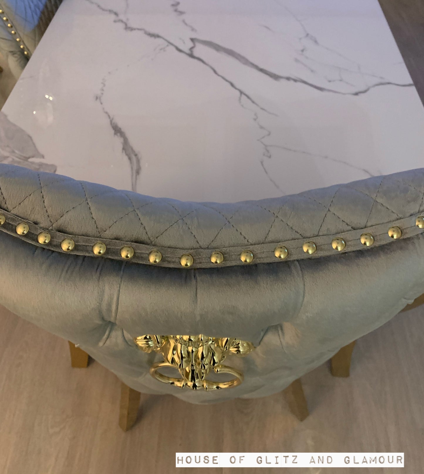 Giselle Grey Gold Lion Knocker Dining Chair