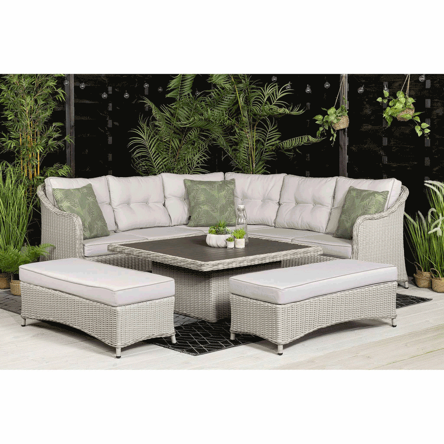 Kensington Grey Rattan Corner Sofa Garden Set With Rising Coffee To Dining Table