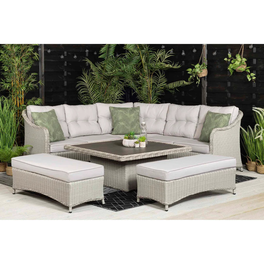 Kensington Grey Rattan Corner Sofa Garden Set With Rising Coffee To Dining Table