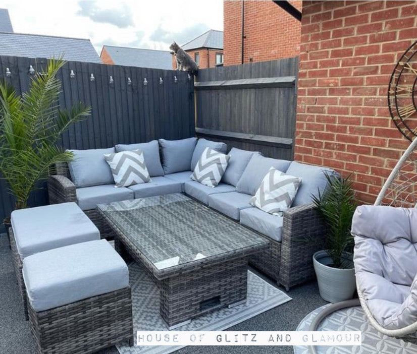 St Tropez Rattan High Back Corner Sofa With Rising Dining Table Set In Grey