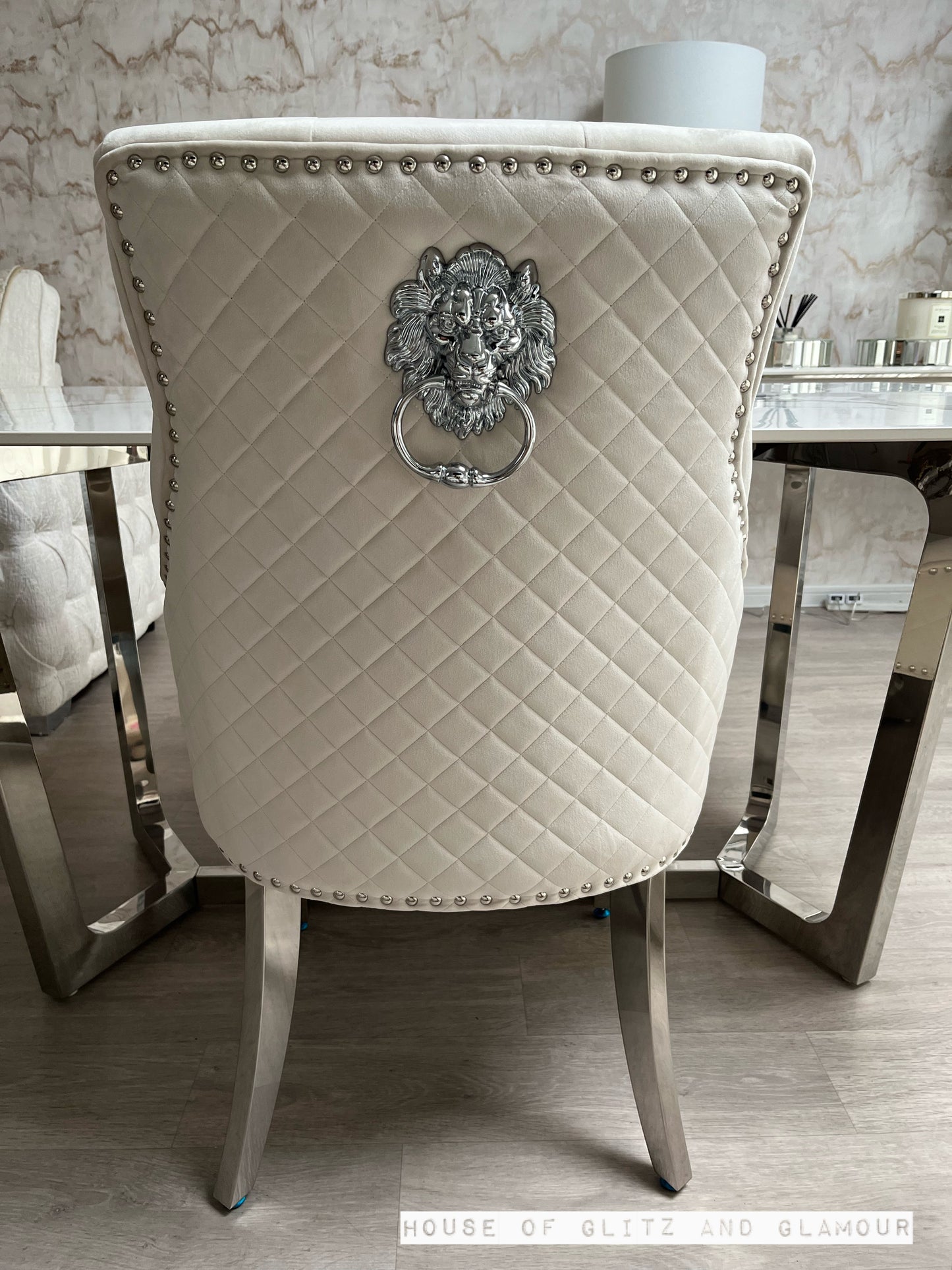 Chelsea Cream With Chrome Legs Quilted French Velvet Lion Head Knocker Back Dining Chair