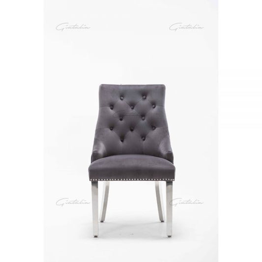 Dark Grey Italian French Velvet Chrome Knocker Back Dining Chair