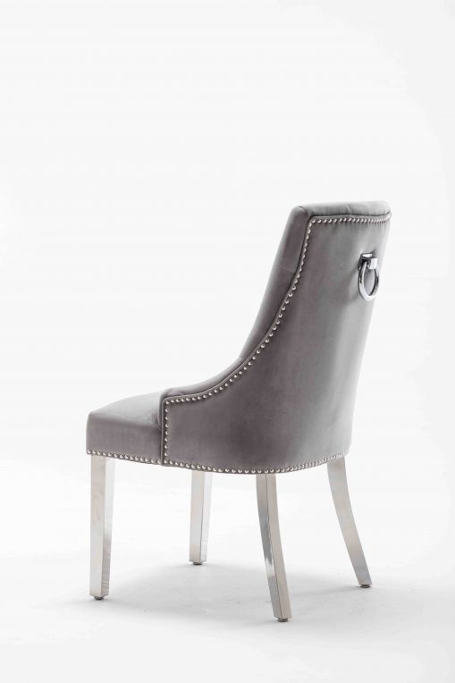 Light Grey Italian French Velvet Chrome Knocker Back Dining Chair