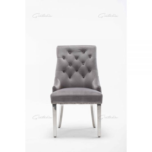 Light Grey Italian French Velvet Chrome Knocker Back Dining Chair