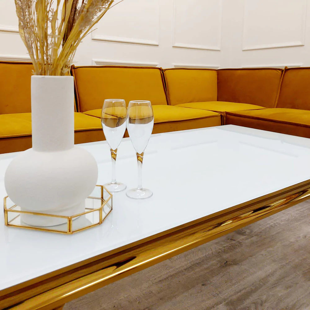 Louis Coffee Table Gold Legs with White Glass Top (120cm x 60cm)