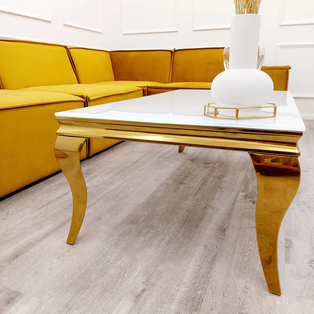Louis Coffee Table Gold Legs with White Glass Top 130cm x 70cm