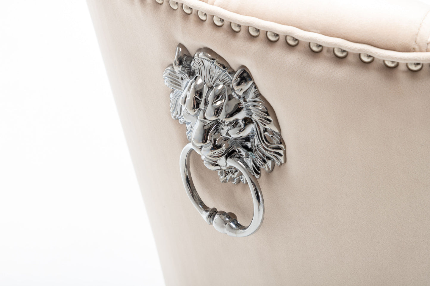 Quilted French Velvet Wing Back Lion Head Knocker Chrome Leg Dining Chair - Cream