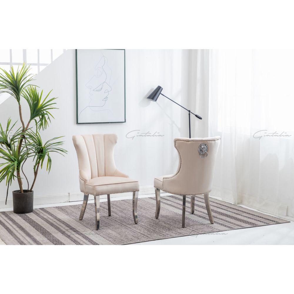 Quilted French Velvet Wing Back Lion Head Knocker Chrome Leg Dining Chair - Cream