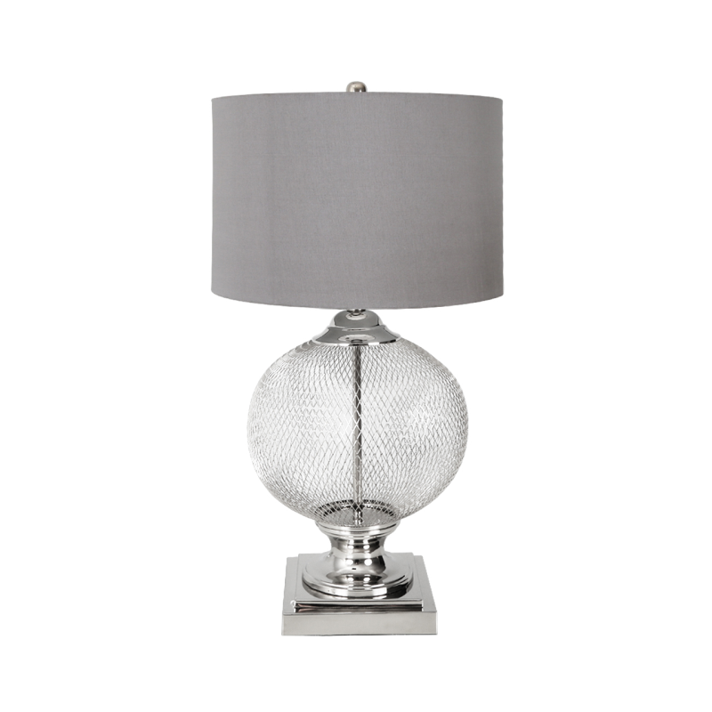 78cm Round Wire Mesh Table Lamp With Grey Linen Shade