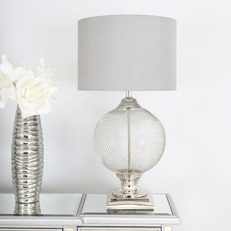 78cm Round Wire Mesh Table Lamp With Grey Linen Shade