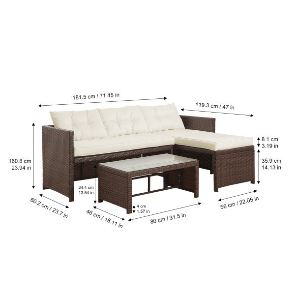 3 Pieces Wicker Sectional Conversation Set with Cushions - Brown/White