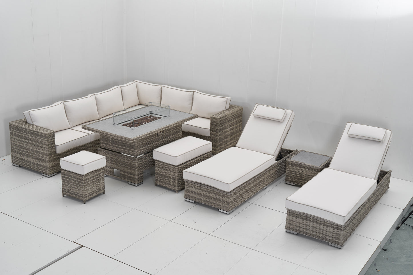 Marbella Corner Fire Pit Dining Set & Matching Sun Loungers - Cream & Grey