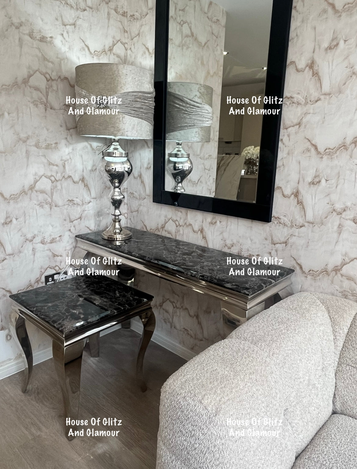 Louis Black Marble & Chrome Console Table 120cm x 40cm x 75cm