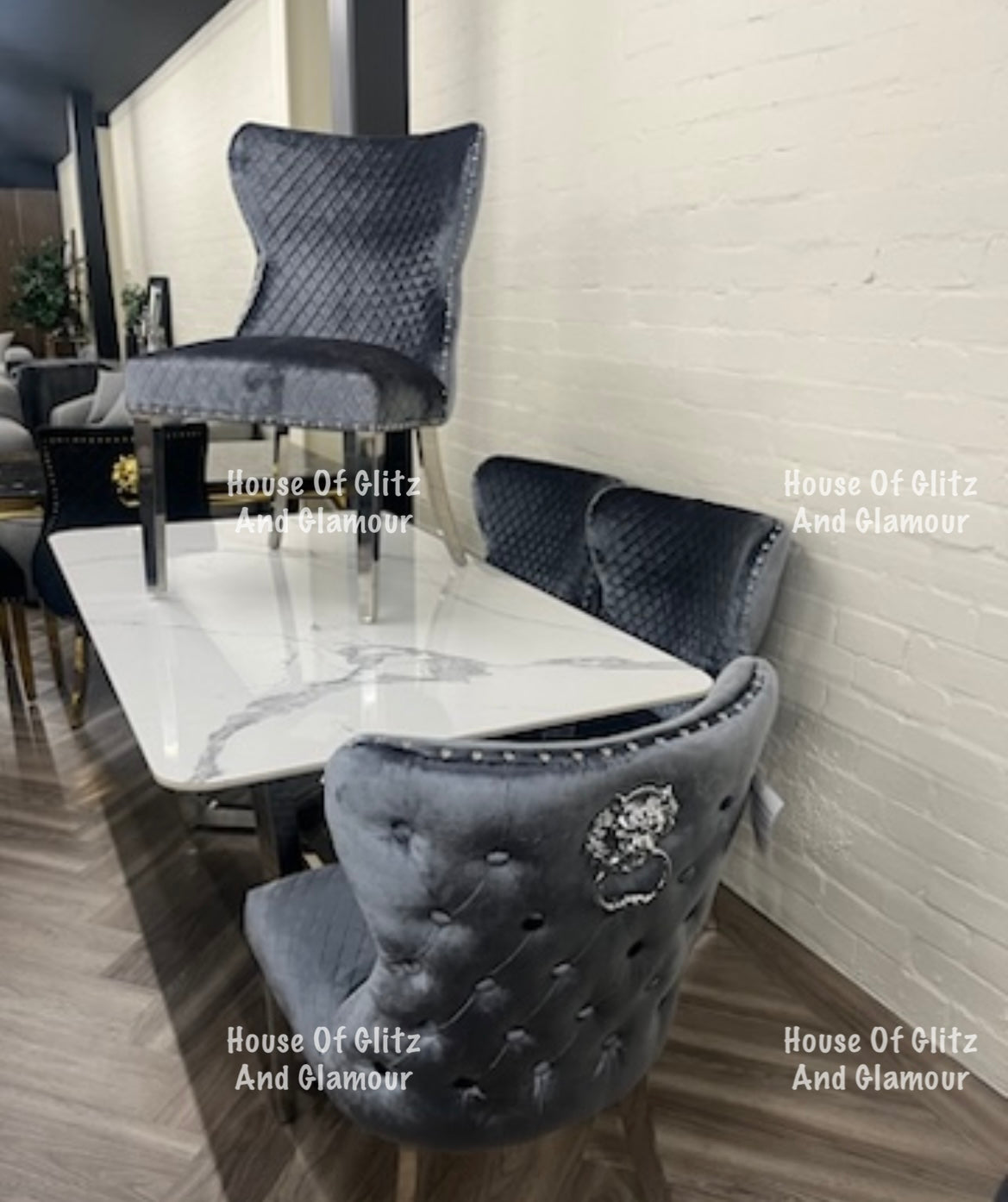 Valentina Grey Shimmer Crushed Velvet Lion Knocker Winged Back Quilted Dining Chair