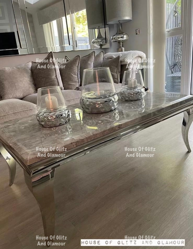 Louis Silver & Grey Marble & Stainless Steel Coffee Table 130cm x 70cm x 42cm