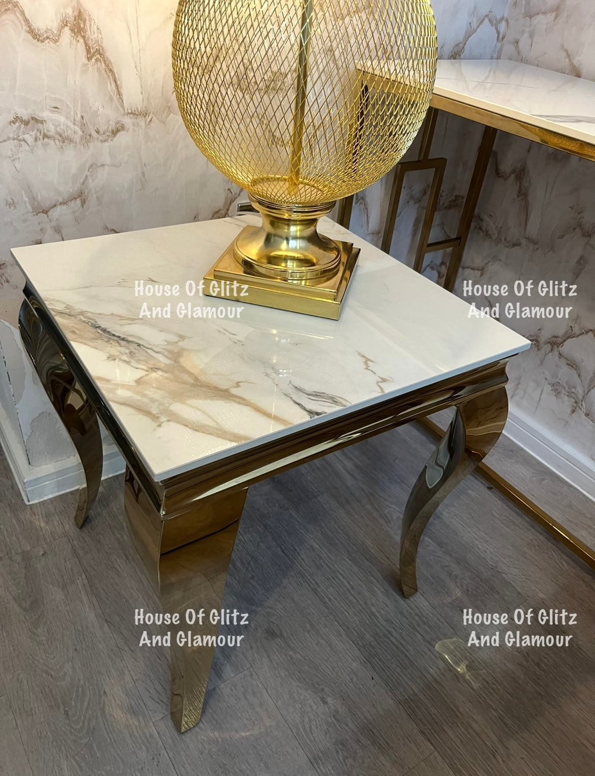 Louis Gold Lamp Table With Kata Gold Ceramic Marble Patterned Top 50cm x 50cm