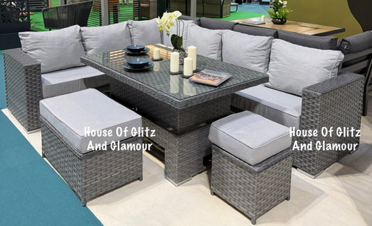 Monte Carlo Grey Rattan Corner Sofa Garden Dining Set With Rising Table - April Pre-Order