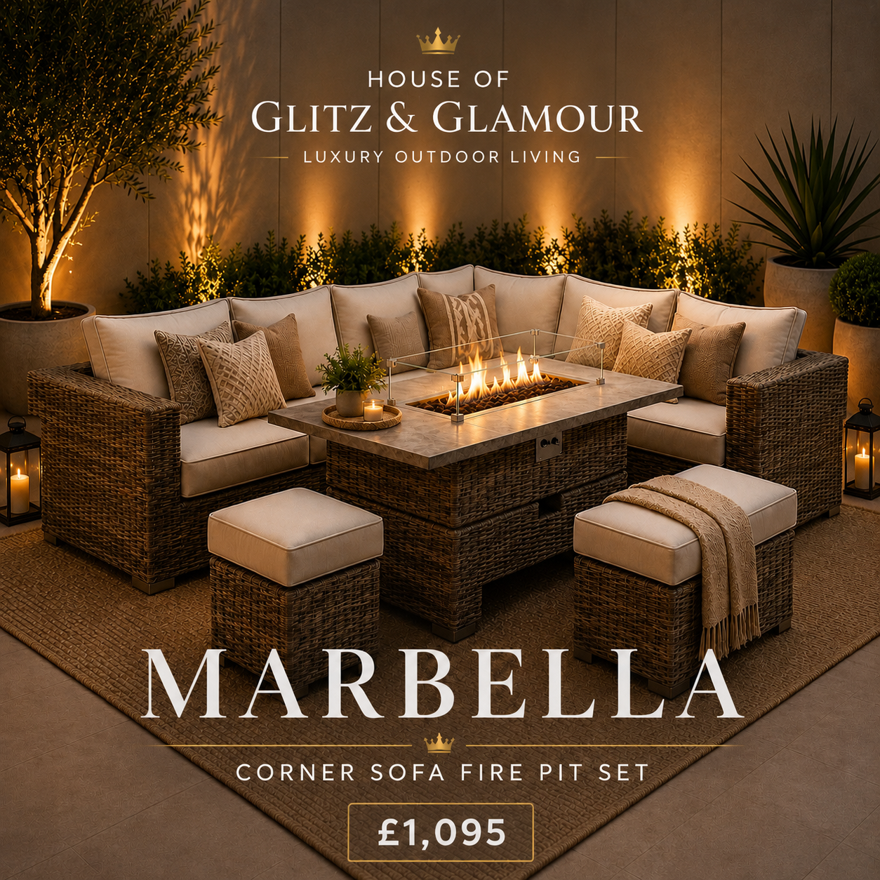 Marbella Corner Fire Pit Dining Set & Matching Sun Loungers - Cream & Grey