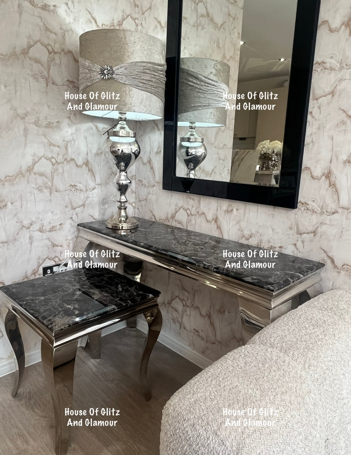 Louis Black Marble & Chrome Console Table 120cm x 40cm x 75cm