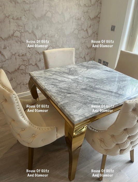 Louis 1m x 1m Grey Marble Dining Table + 4 Bentley Cream Velvet Studded Back Gold Leg Dining Chairs