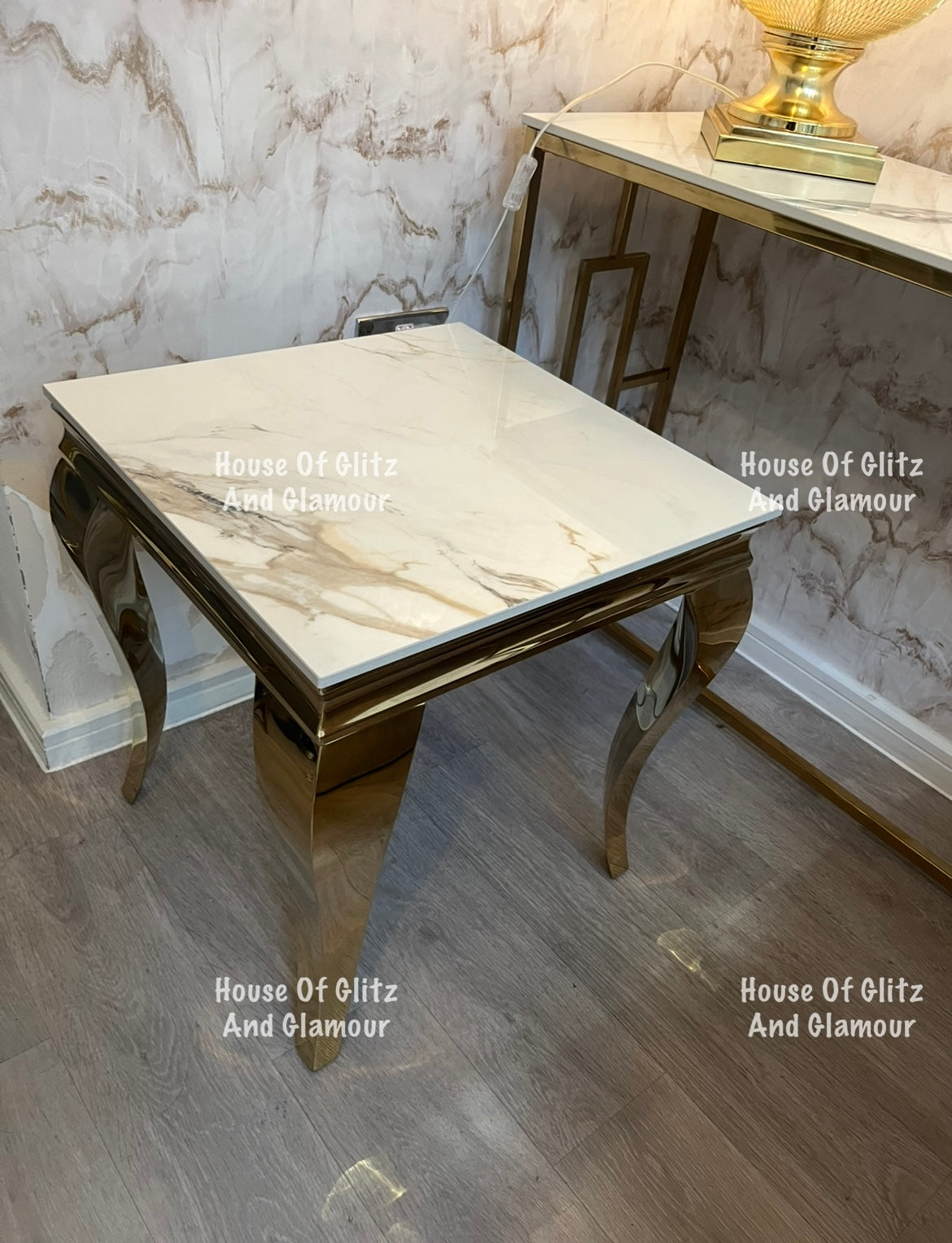 Louis Gold Lamp Table With Kata Gold Ceramic Marble Patterned Top 50cm x 50cm