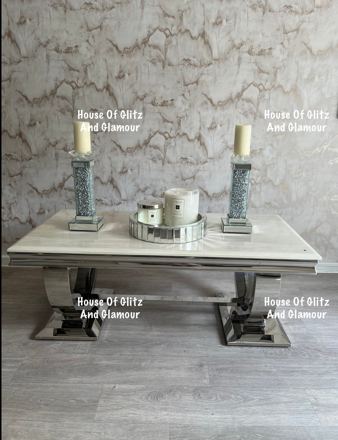 Arianna Cream Marble & Stainless Steel Circular Base Coffee Table 120cm x 60cm x 42cm