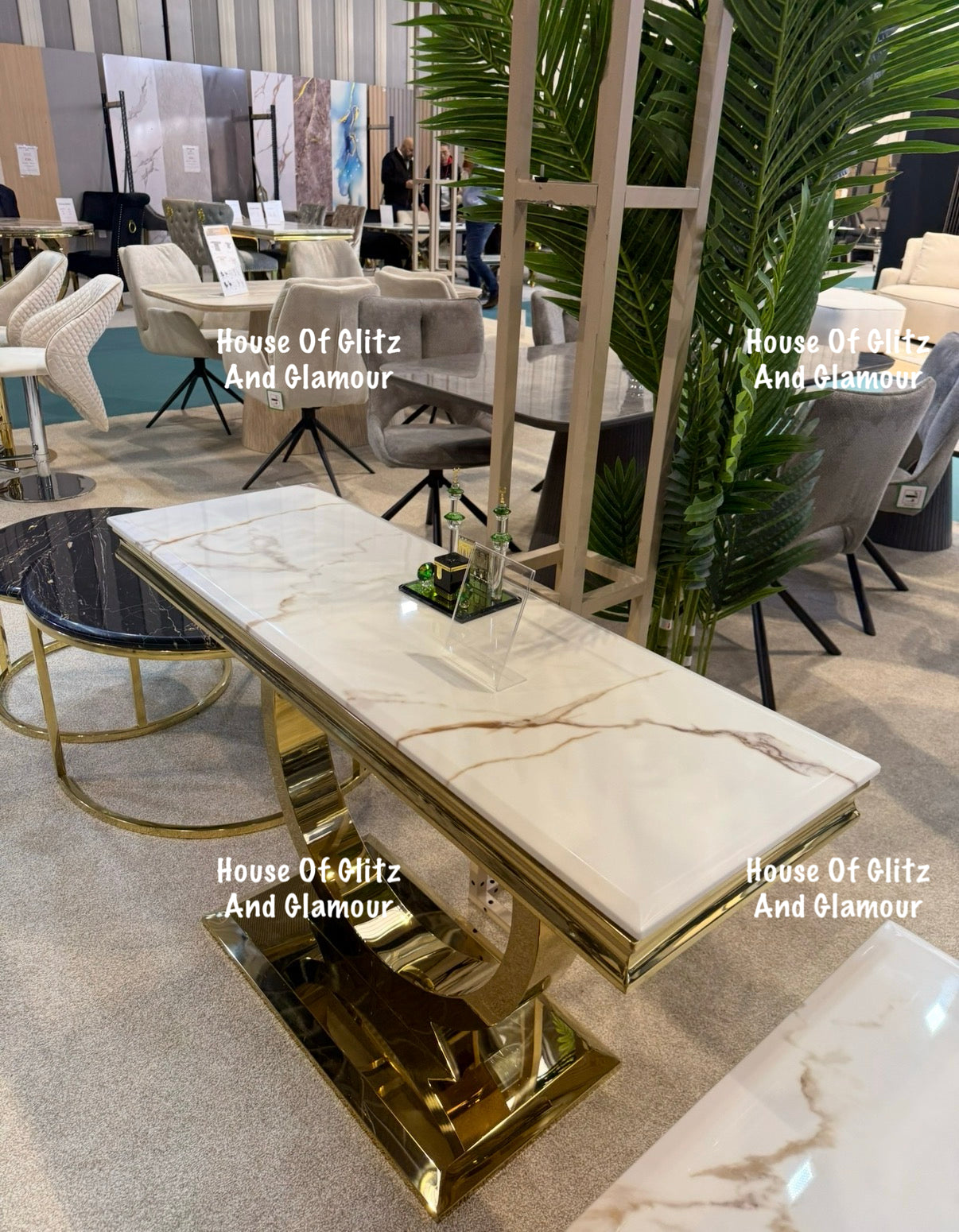 Arianna White Calacatta Effect Marble Gold Circular Base Console Table