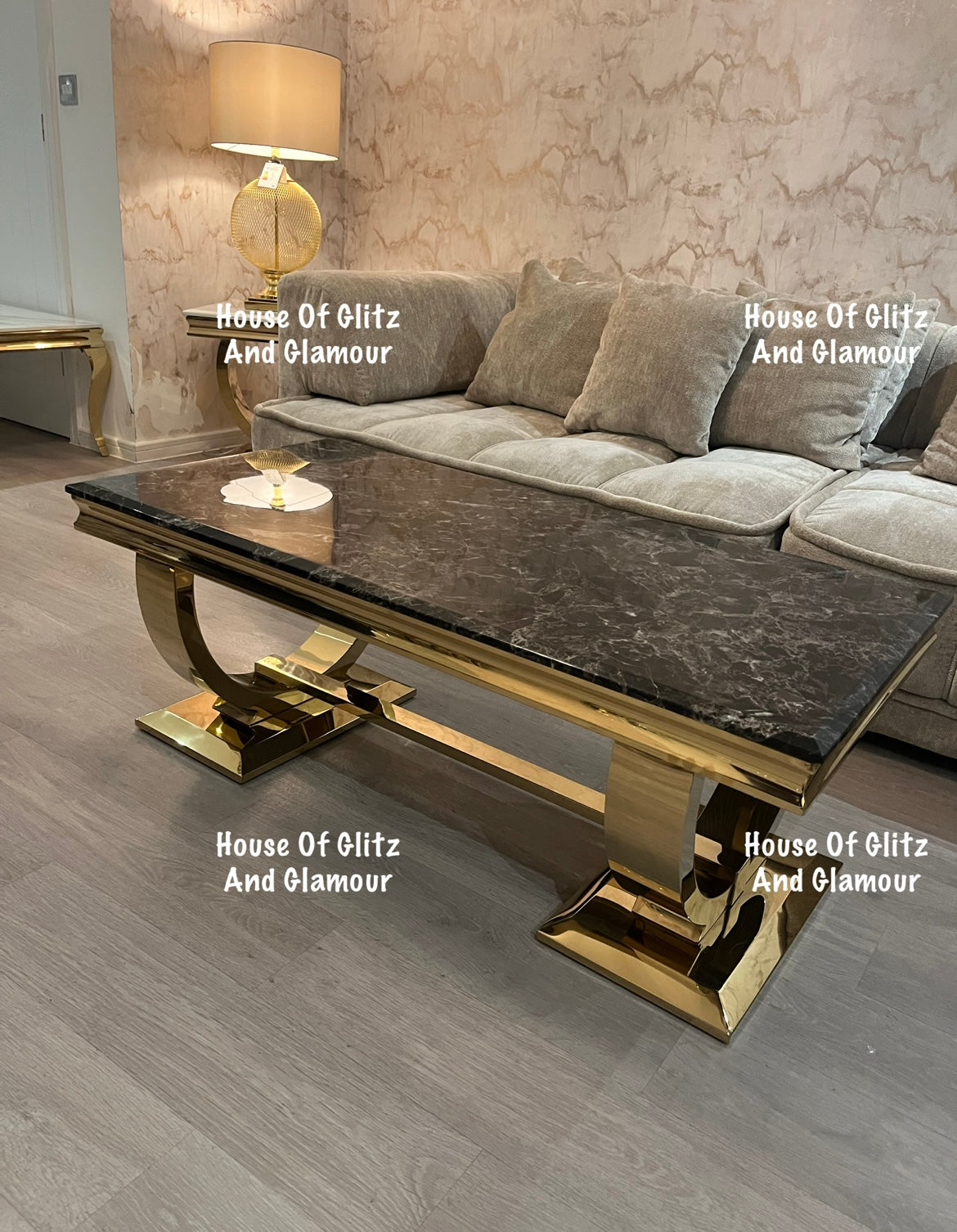 Arianna Gold & Black Marble Circular Base Coffee Table 130cm x 70cm x 42cm