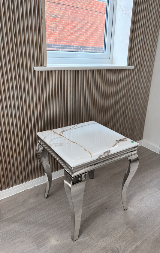Louis Chrome Lamp Table With Calcatta Gold Marble Patterned Top 50cm x 50cm