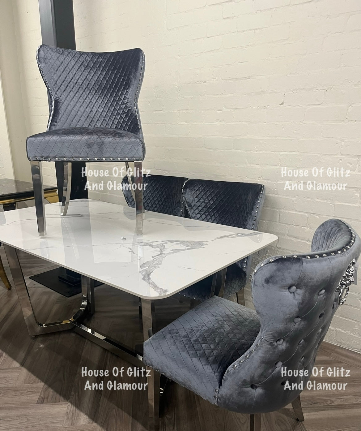 Valentina Grey Shimmer Crushed Velvet Lion Knocker Winged Back Quilted Dining Chair