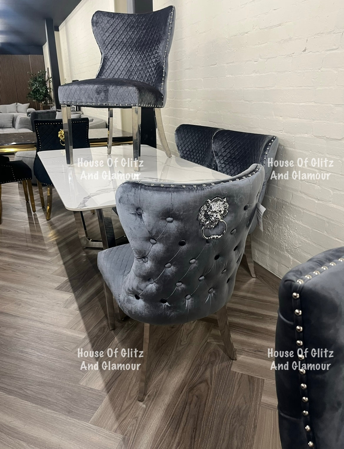 Valentina Grey Shimmer Crushed Velvet Lion Knocker Winged Back Quilted Dining Chair