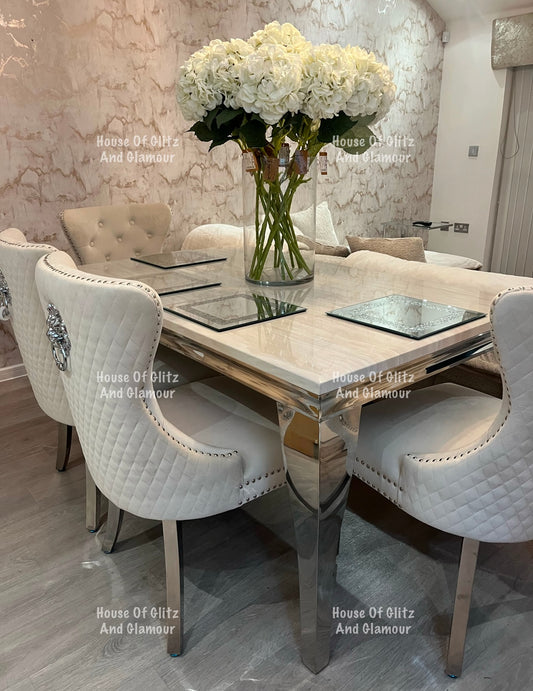 Louis Cream Marble 1.5 Dining Table With Chrome Legs + 4 Sofia Ivory Chairs