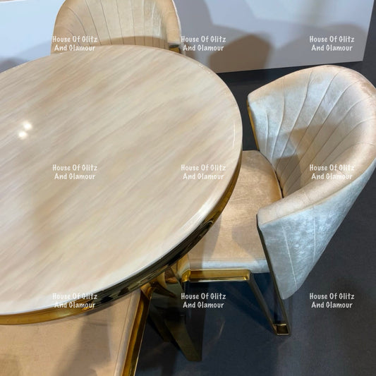 Louis Cream Marble Dining Table With Gold Legs & 4 Cream Fabi Dining Chair