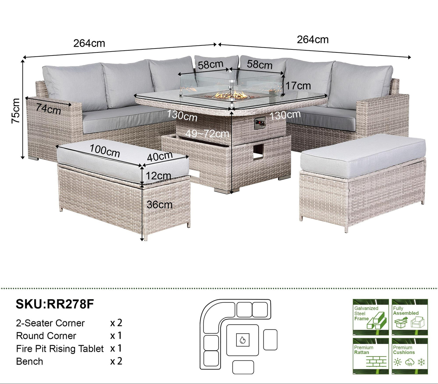 Rattan outdoor furniture set with dimensions and features on a white background