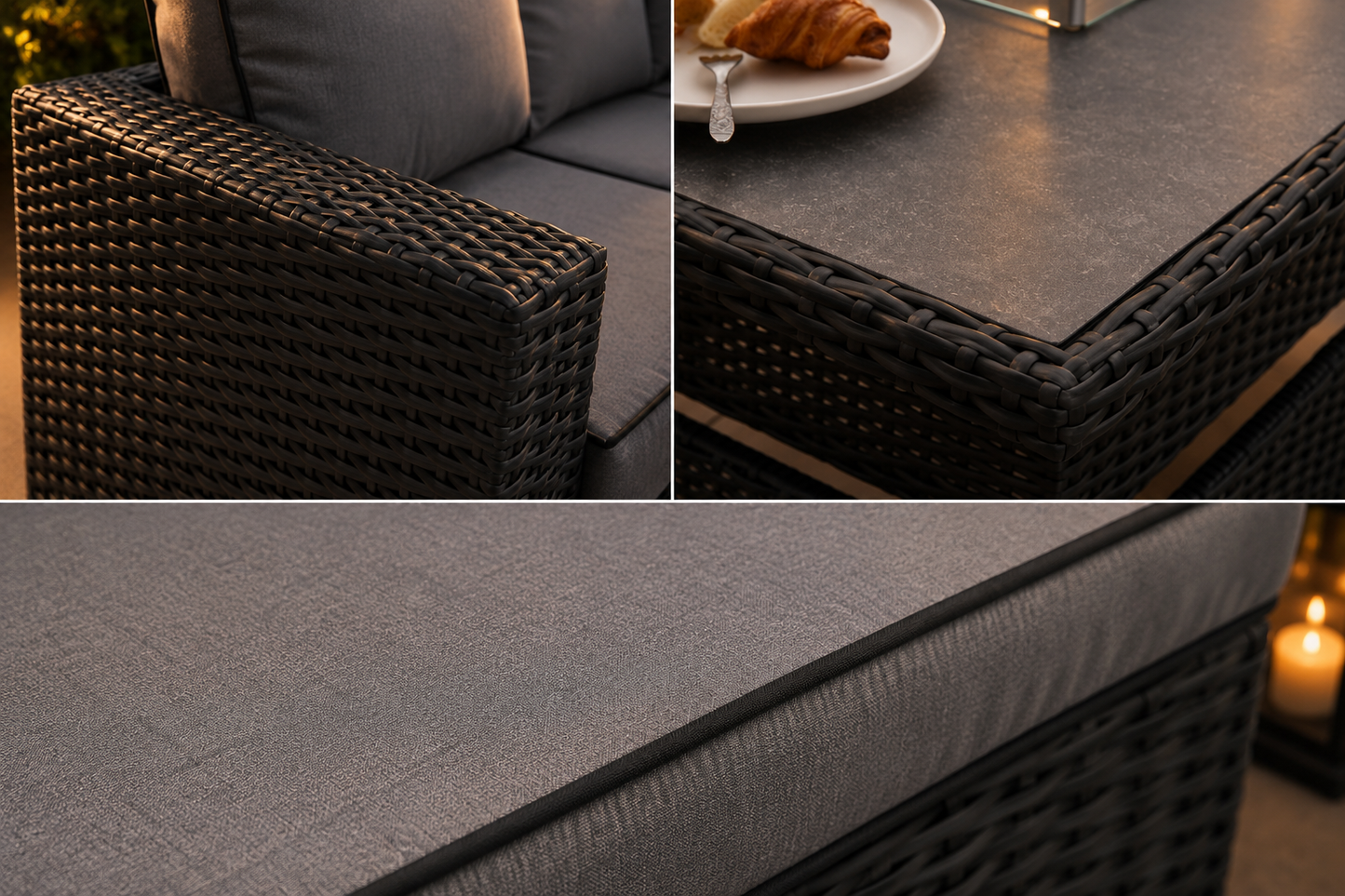 Manhattan Black Rattan 8 Seater Corner Fire Pit Dining Set with Rising Table