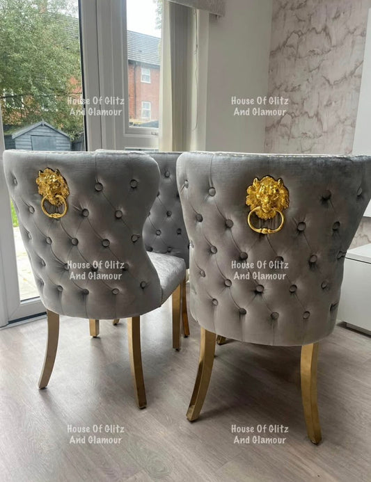 4 x Display Valentina Grey Crushed Velvet & Gold Lion Knocker Winged Back Quilted Dining Chair