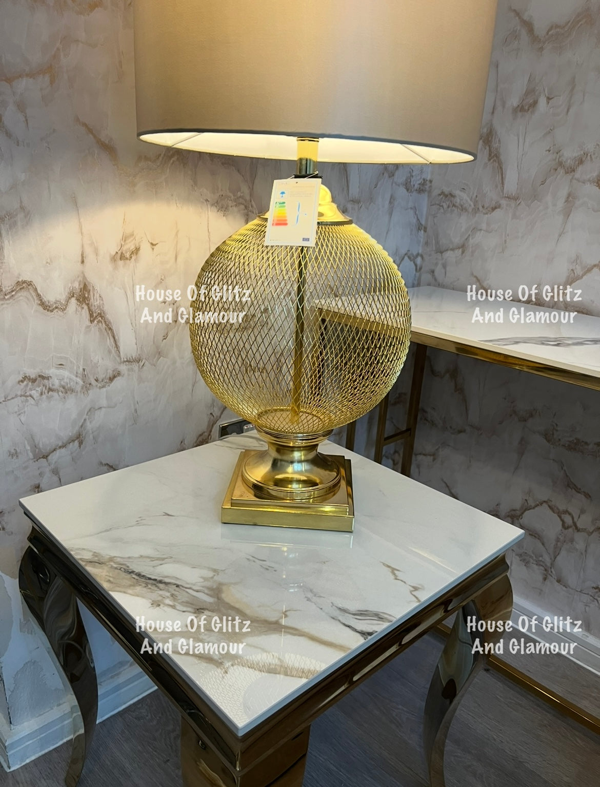 Louis Gold Lamp Table With Kata Gold Ceramic Marble Patterned Top 50cm x 50cm