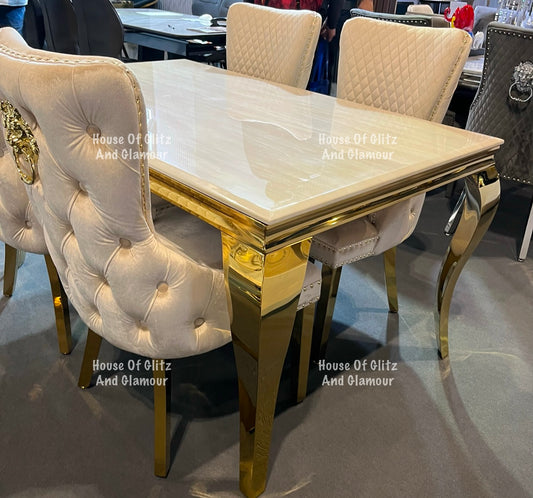 Louis Cream Marble Dining Table With Gold Legs & 4 Cream Giselle Dining Chairs