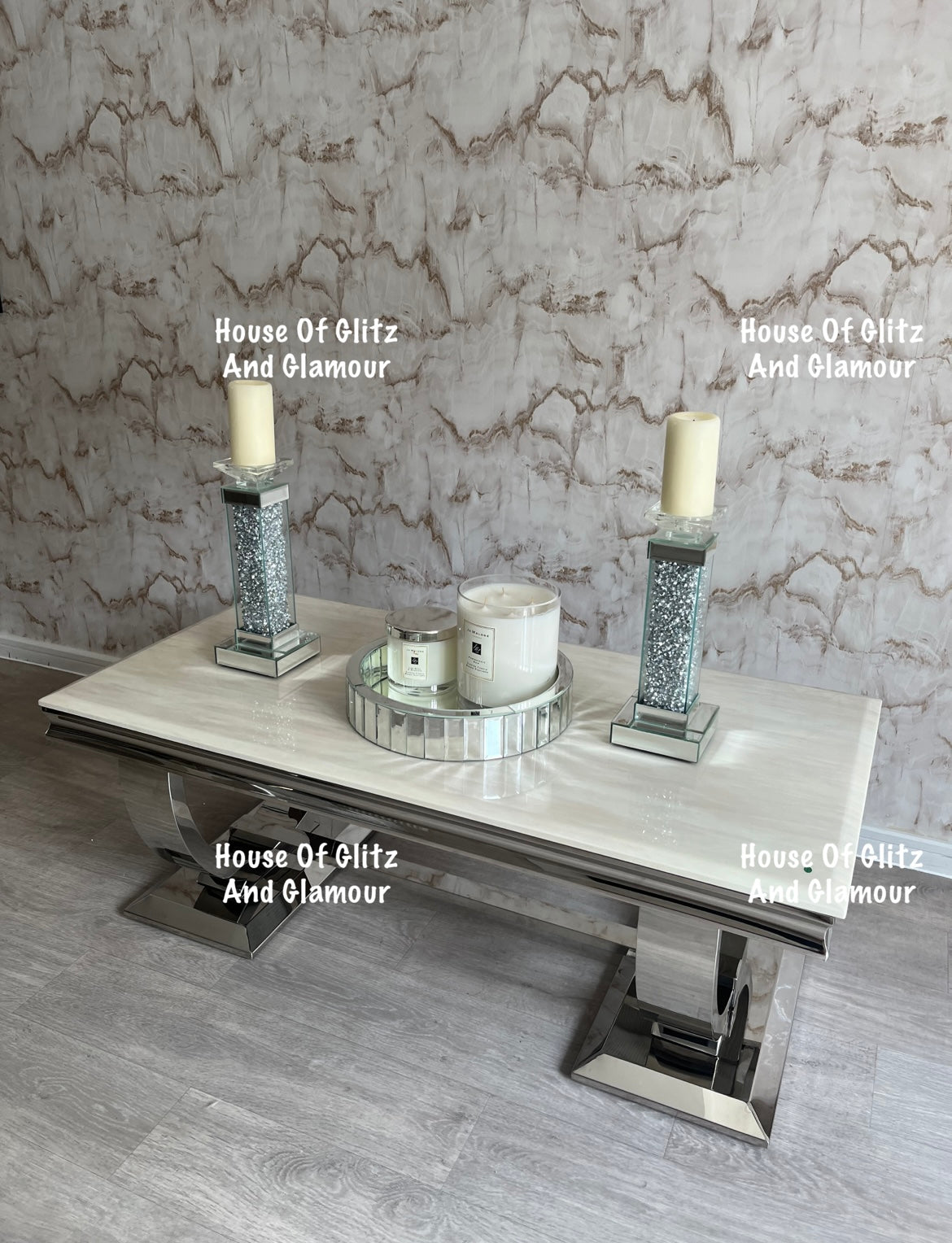 Arianna Cream Marble & Stainless Steel Circular Base Coffee Table 120cm x 60cm x 42cm