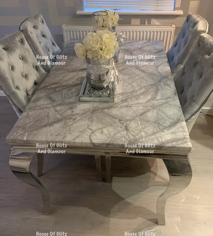 Louis Grey Marble Dining Table –  Silver Frame